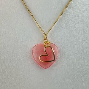 Strawberry Quartz Heart Pendant Necklace, Lab Created,  Gold Open Heart Charm